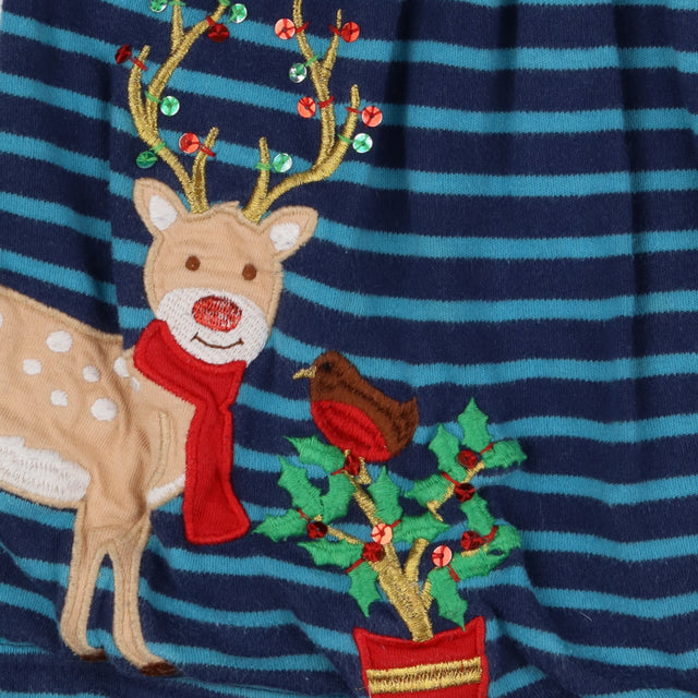 Dress Long Sleeved Blue Striped Reindeer and Robin