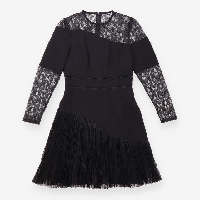 Dress Black Lace Long Sleeve Asymmetric Pleated