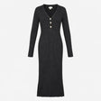 Knit Dress Grey V Neck Pearl Button Ribbed