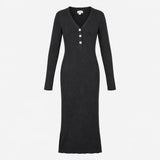 Knit Dress Grey V Neck Pearl Button Ribbed