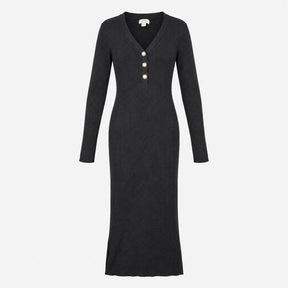 Knit Dress Grey V Neck Pearl Button Ribbed