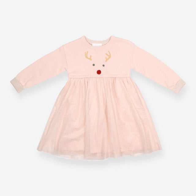 Festive Dress Light Pink Half Knitted with reindee