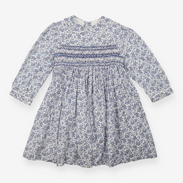 Smocked Long Sleeve Blue Floral Print