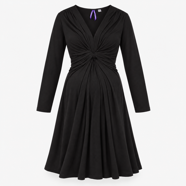 Black Knot Front Long Sleeve Maternity Dress