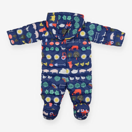 Pramsuit Blue Farm Print with Orange Zip
