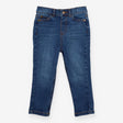 Dark blue jeans with gold button