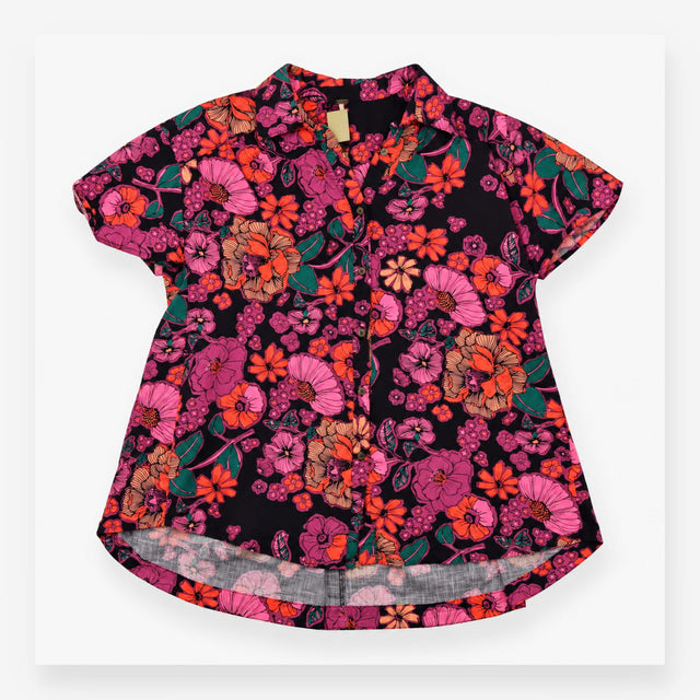 Top Navy Pink Floral Print Short Sleeve Button Fro