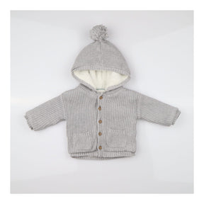 Grey knit cardigan with bobble hood