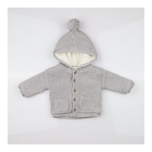Grey knit cardigan with bobble hood