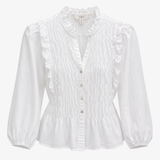 White Shirred Ruffle Long Sleeve Blouse