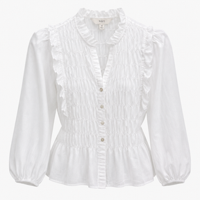 White Shirred Ruffle Long Sleeve Blouse