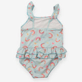 Blue striped swimming costume with rainbows