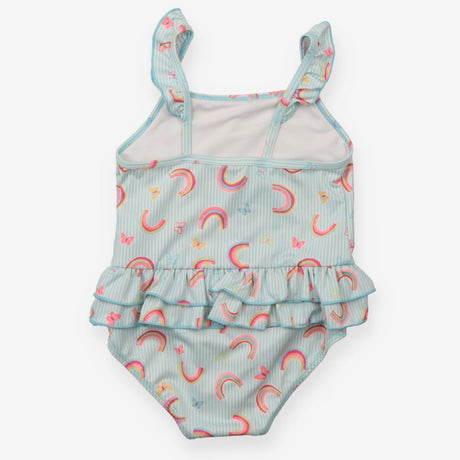 Blue striped swimming costume with rainbows
