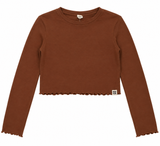 Long Sleeve Top Brown Cropped Lettuce Hem