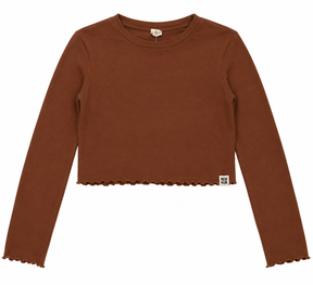 Long Sleeve Top Brown Cropped Lettuce Hem