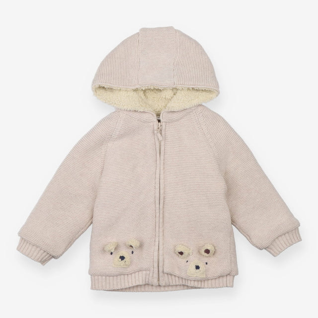 Knit hooded Cardigan Fleece Lined Cream with Bears