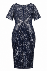 Sequin Embellished Short Sleeve Evening Midi Dress