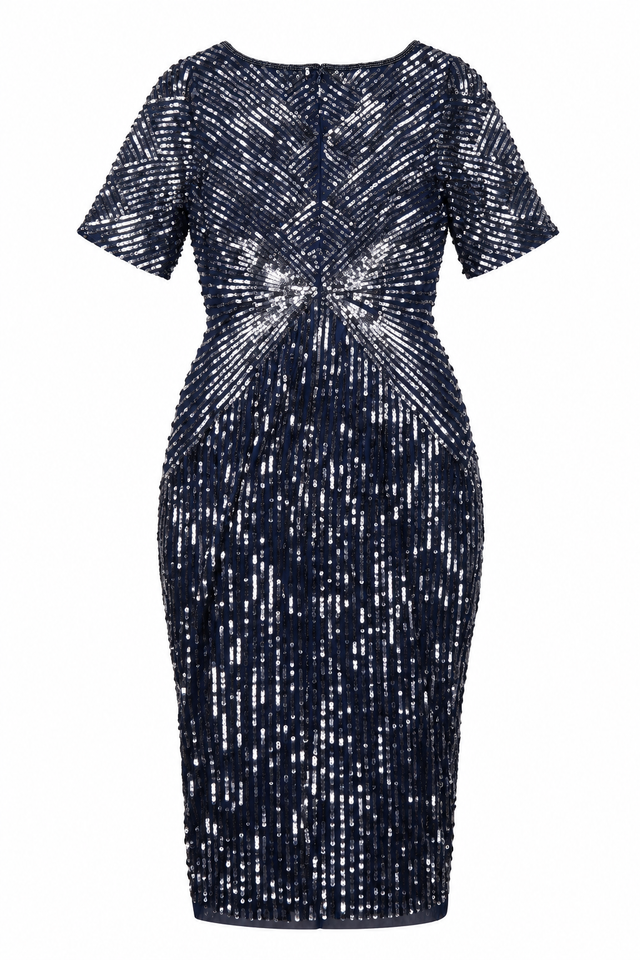 Sequin Embellished Short Sleeve Evening Midi Dress