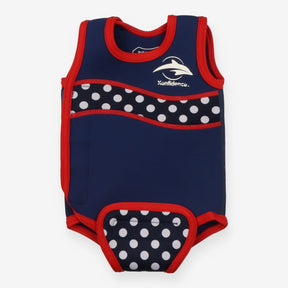 Baby wetsuit vest blue red and white dots