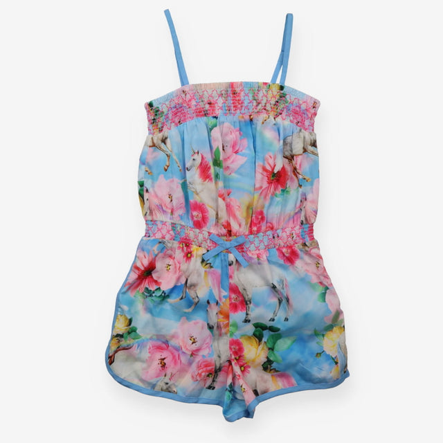 Romper Woven Blue Pink Flowers Unicorns and Horses