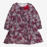 Dress jersey Long Floral Sleeve Grey and red bow