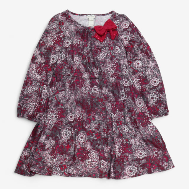 Dress jersey Long Floral Sleeve Grey and red bow