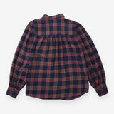 Shirt Navy Rose Plaid Puff Sleeve Rayon Cotton