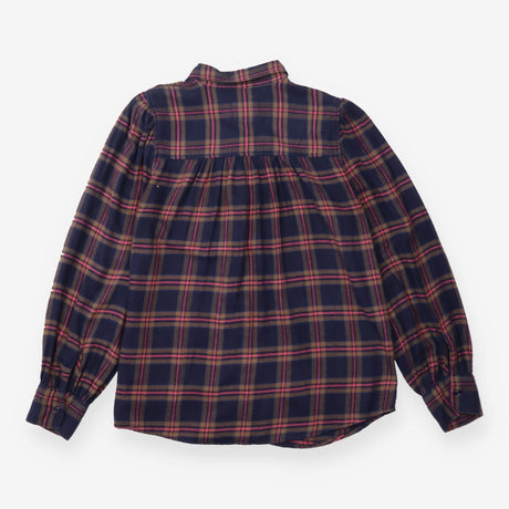 Shirt Navy Rose Plaid Puff Sleeve Rayon Cotton