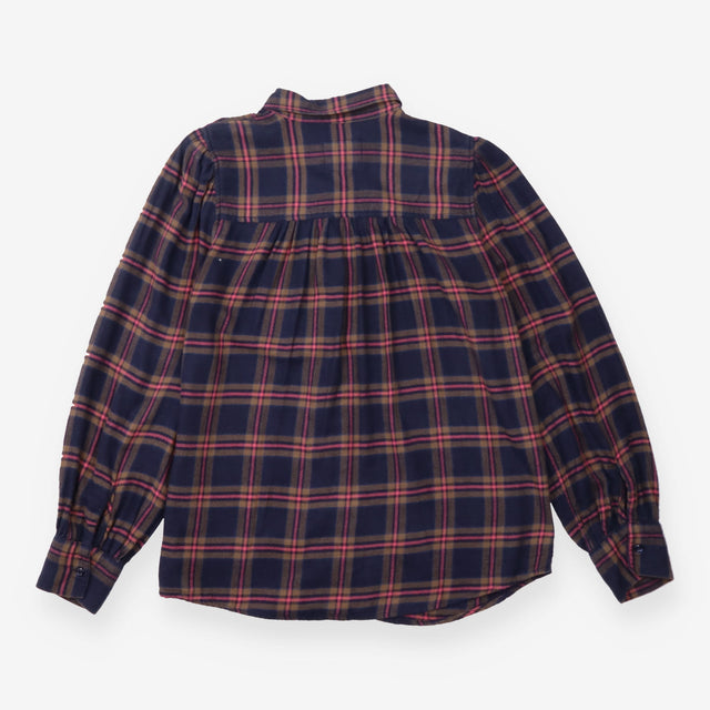 Shirt Navy Rose Plaid Puff Sleeve Rayon Cotton