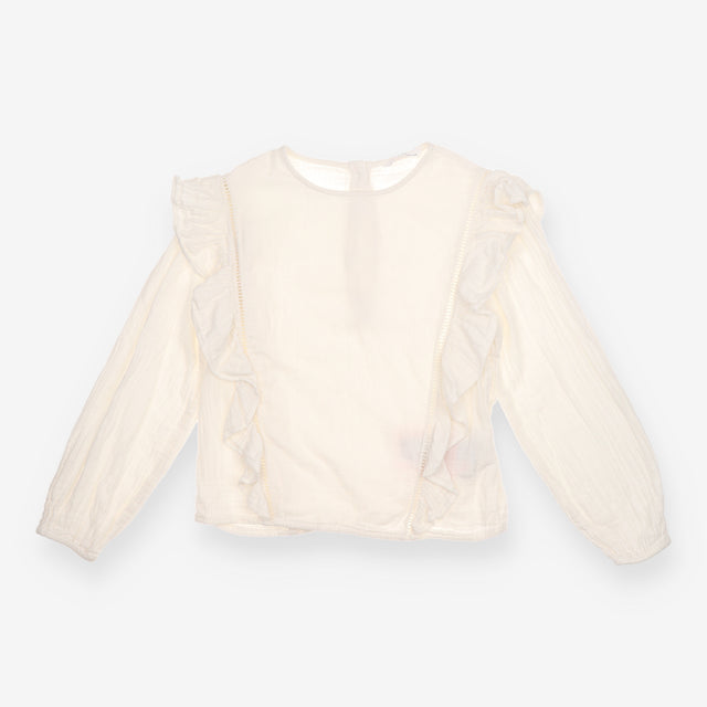 Blouse white muslin frill shoulder LS