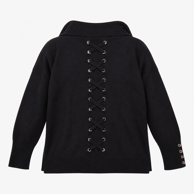 Cardigan Navy Blue Lace Up Detail Long Sleeve Knit