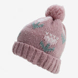 Bobble Hat Pink Knit with Flowers