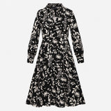 Black and Cream Floral Long Sleeve Midi Shirt Dres