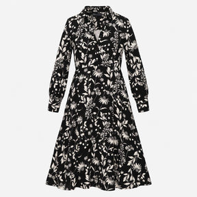 Black and Cream Floral Long Sleeve Midi Shirt Dres