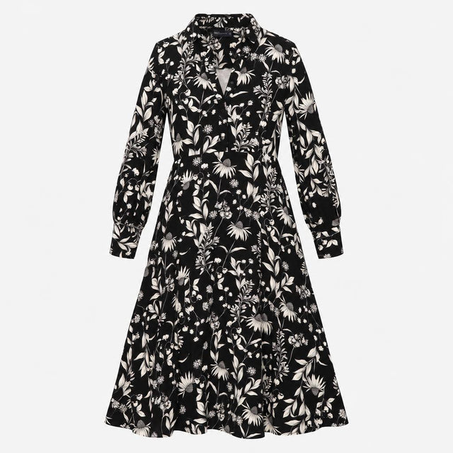 Black and Cream Floral Long Sleeve Midi Shirt Dres