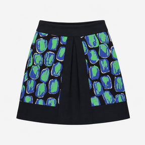 Skirt Navy Blue Green Abstract Print Pleated A-Lin