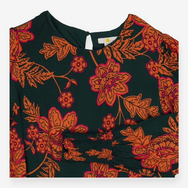 Boden Green & Orange Floral Midi Dress – Long Slee