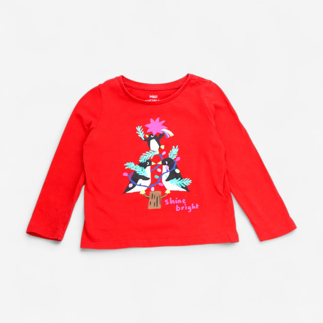 T-Shirt Red Long Sleeve Penguin Christmas Tree Shi