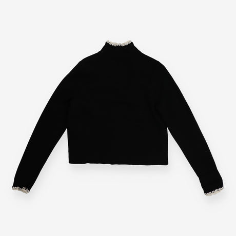 Cardigan Jacket Black Merino Wool Crochet Trim