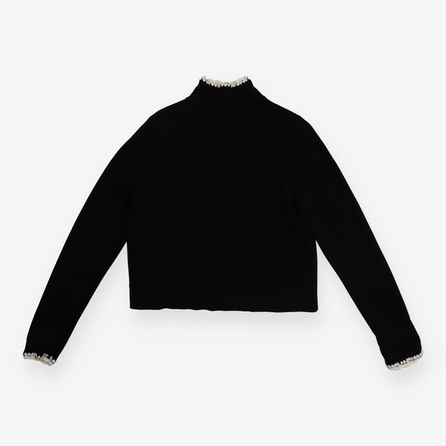 Cardigan Jacket Black Merino Wool Crochet Trim