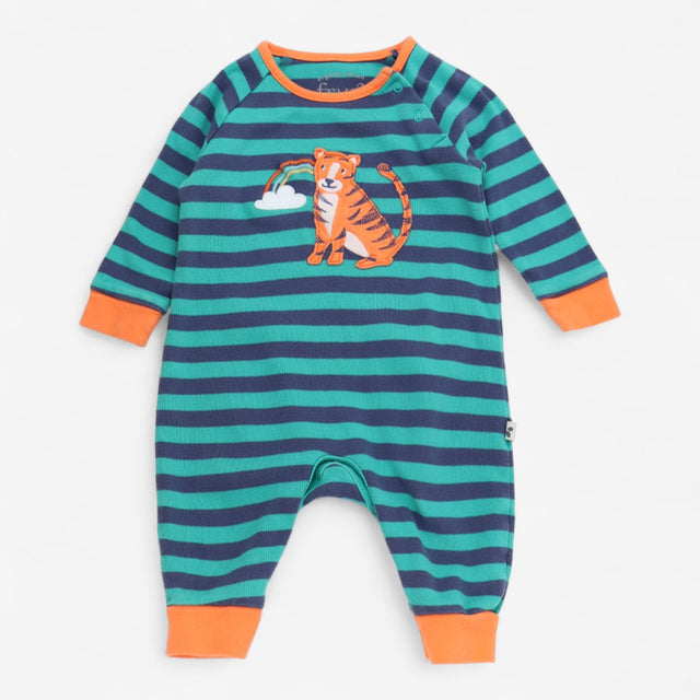 Footless sleepsuit green and navy stripe tiger