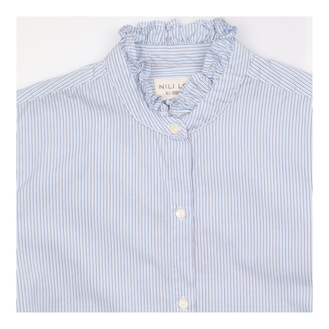 Shirt Blue White Pinstripe Cotton Ruffle Collar