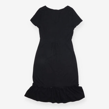 Midi Dress Black V Neck Short Sleeve Ruffle Hem