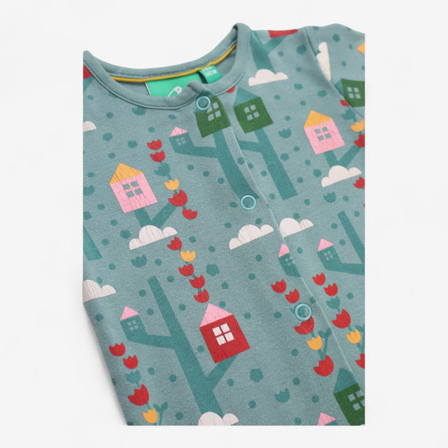 Sleepsuit Green with Tree Houses and Clouds