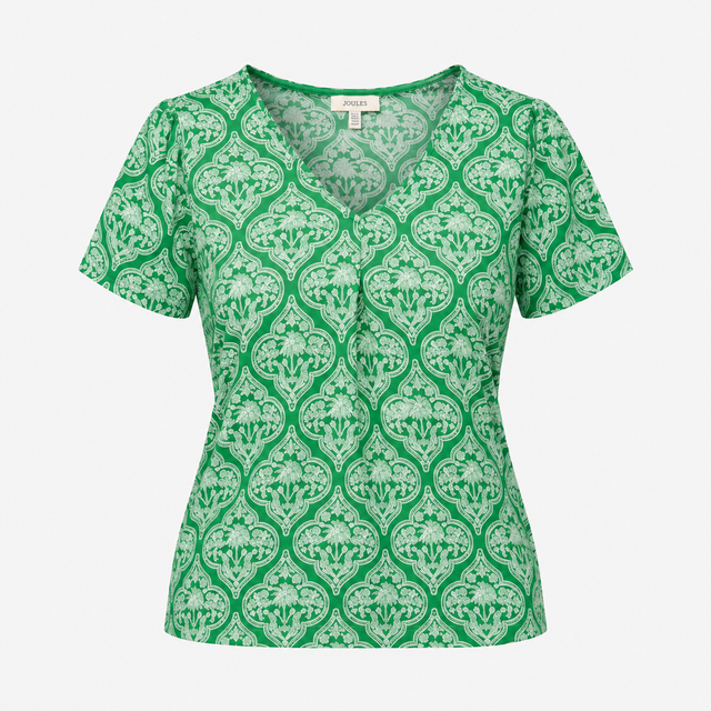 Top Nia Pleated V-Neck Short Sleeve Joules Green W