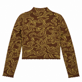 Long Sleeve Top Brown Mustard Paisley Jacquard Hig