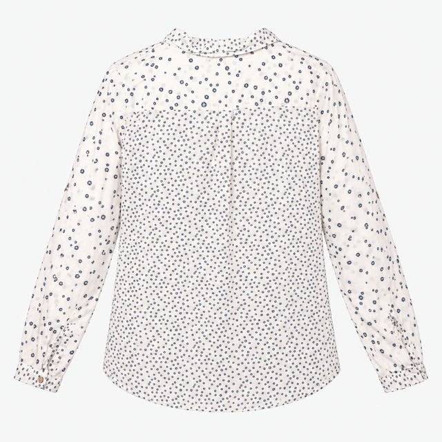 Cotton Blouse Ecru Navy Spot Print Long Sleeve
