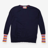 Knit Jumper Crew Neck Navy Blue Rainbow Stripe