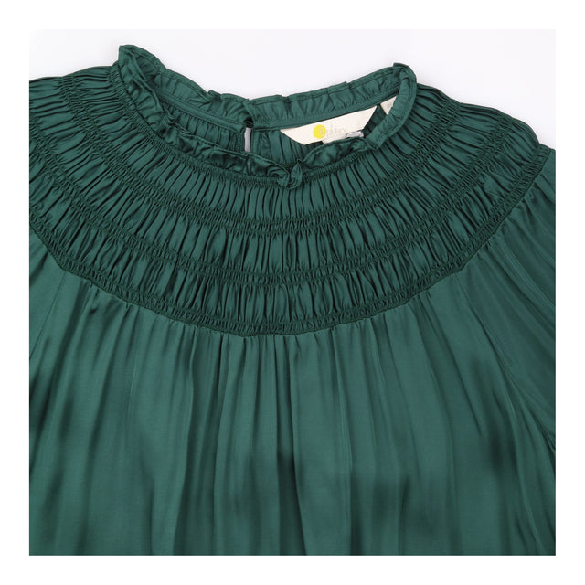 Green Smocked High Neck Long Sleeve Blouse