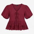 Blouse Plum Embroidered Broderie Tie Front Puff Sl